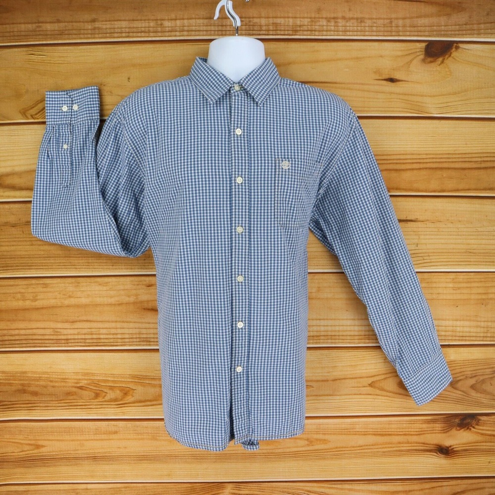 Timberland Dress Shirt Mens Size L Blue Checks 100% Cotton Point Collar Pocket